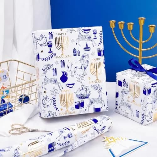 RUSPEPA Hanukkah Wrapping Paper Roll, Mini Roll, Blue Gold Foil Menorah, Lion, Ship & Star of David Design Gift Wrap Paper for Jewish Holiday, Festival Party, Family Celebration, 17 Inch x 16.4 Feet thumbnail 4