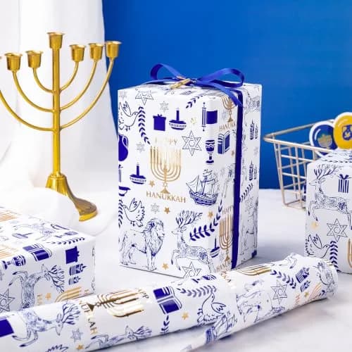 RUSPEPA Hanukkah Wrapping Paper Roll, Mini Roll, Blue Gold Foil Menorah, Lion, Ship & Star of David Design Gift Wrap Paper for Jewish Holiday, Festival Party, Family Celebration, 17 Inch x 16.4 Feet thumbnail 6