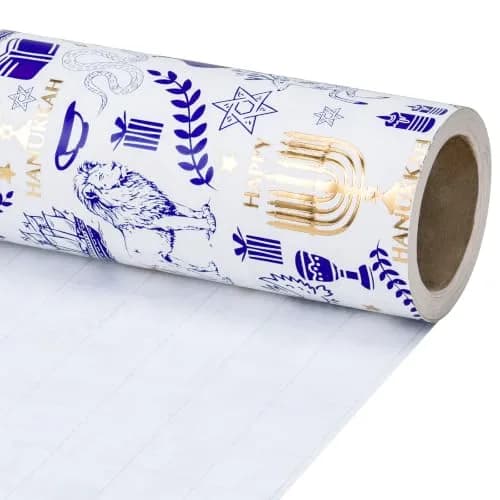 RUSPEPA Hanukkah Wrapping Paper Roll, Mini Roll, Blue Gold Foil Menorah, Lion, Ship & Star of David Design Gift Wrap Paper for Jewish Holiday, Festival Party, Family Celebration, 17 Inch x 16.4 Feet thumbnail 9