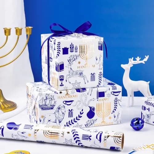RUSPEPA Hanukkah Gift Wrap Paper 30" x 16.4' Blue Gold Foil Menorah, Lion, Star of David | Festive Jewish Holiday Design thumbnail 4