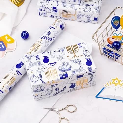 RUSPEPA Hanukkah Gift Wrap Paper 30" x 16.4' Blue Gold Foil Menorah, Lion, Star of David | Festive Jewish Holiday Design thumbnail 6