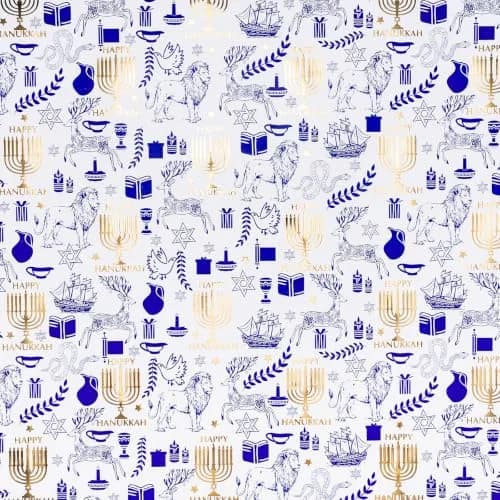 RUSPEPA Hanukkah Gift Wrap Paper 30" x 16.4' Blue Gold Foil Menorah, Lion, Star of David | Festive Jewish Holiday Design thumbnail 8