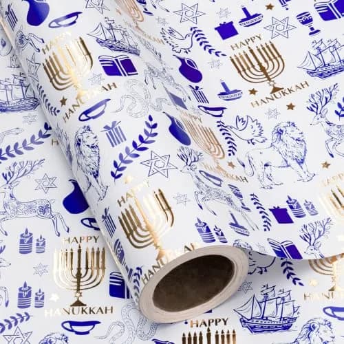 RUSPEPA Hanukkah Gift Wrap Paper 30" x 16.4' Blue Gold Foil Menorah, Lion, Star of David | Festive Jewish Holiday Design thumbnail 2