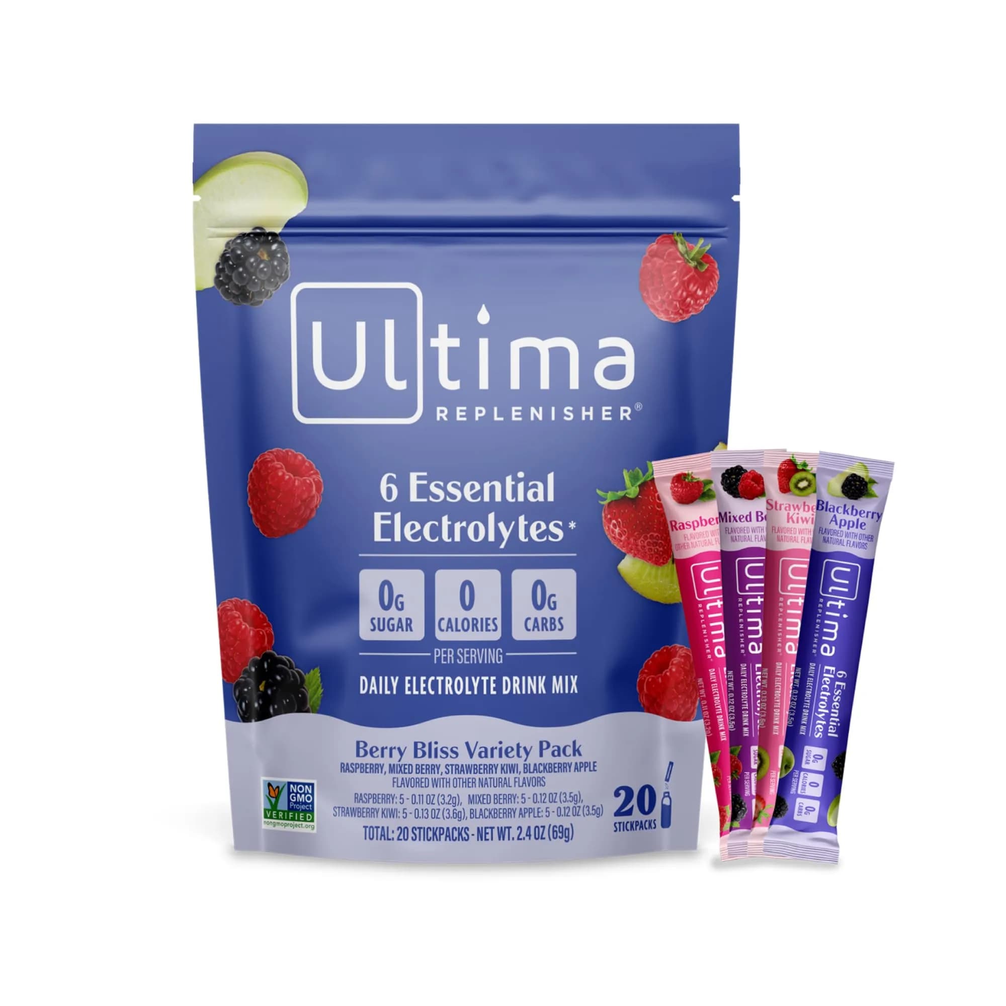 Ultima Replenisher Daily Electrolyte Powder Drink Mix Berry Bliss Variety Pack, 20 Stickpacks | Zero Sugar Hydration Powder with 6 Electrolytes & Minerals - main product image