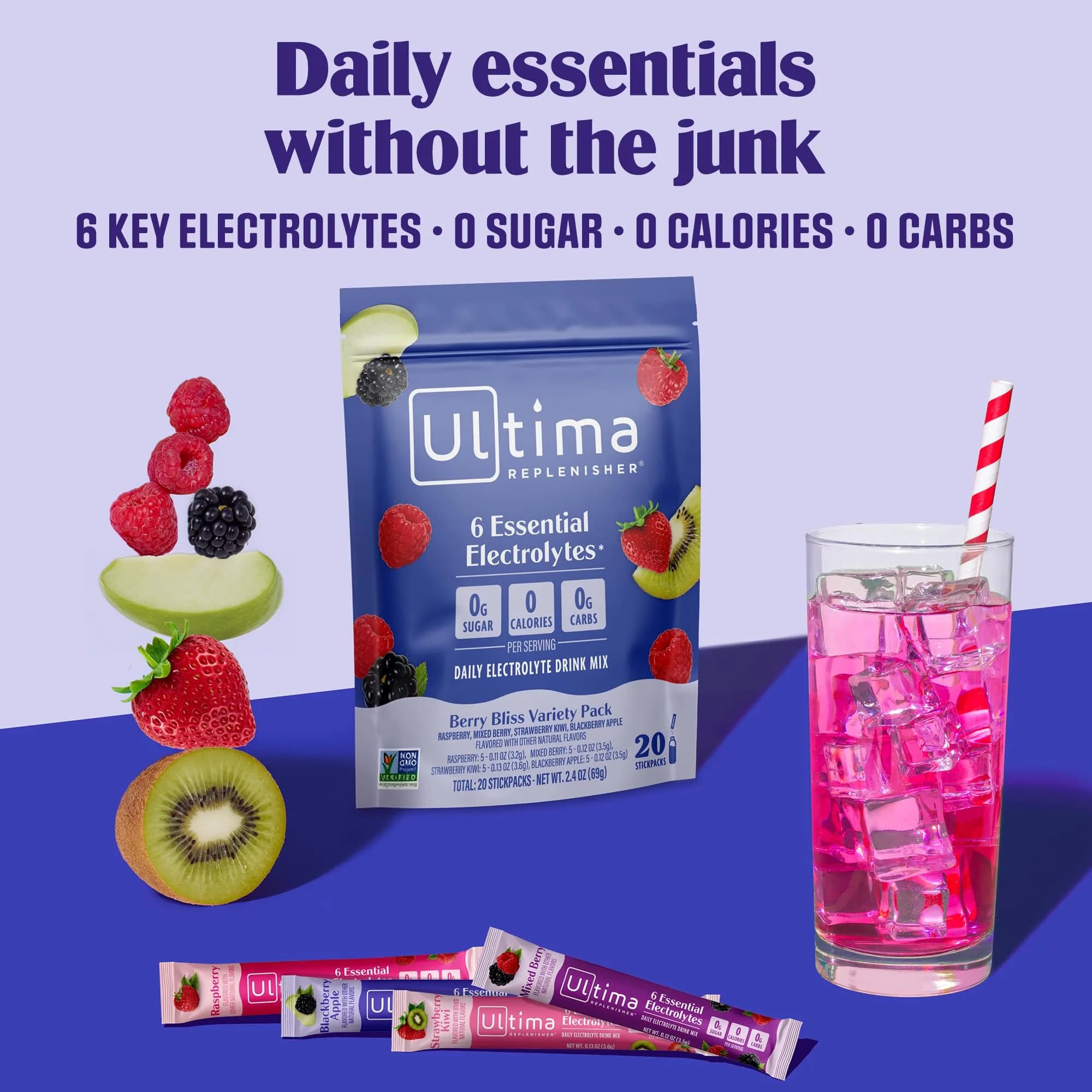Ultima Replenisher Daily Electrolyte Powder Drink Mix Berry Bliss Variety Pack, 20 Stickpacks | Zero Sugar Hydration Powder with 6 Electrolytes & Minerals - view 2