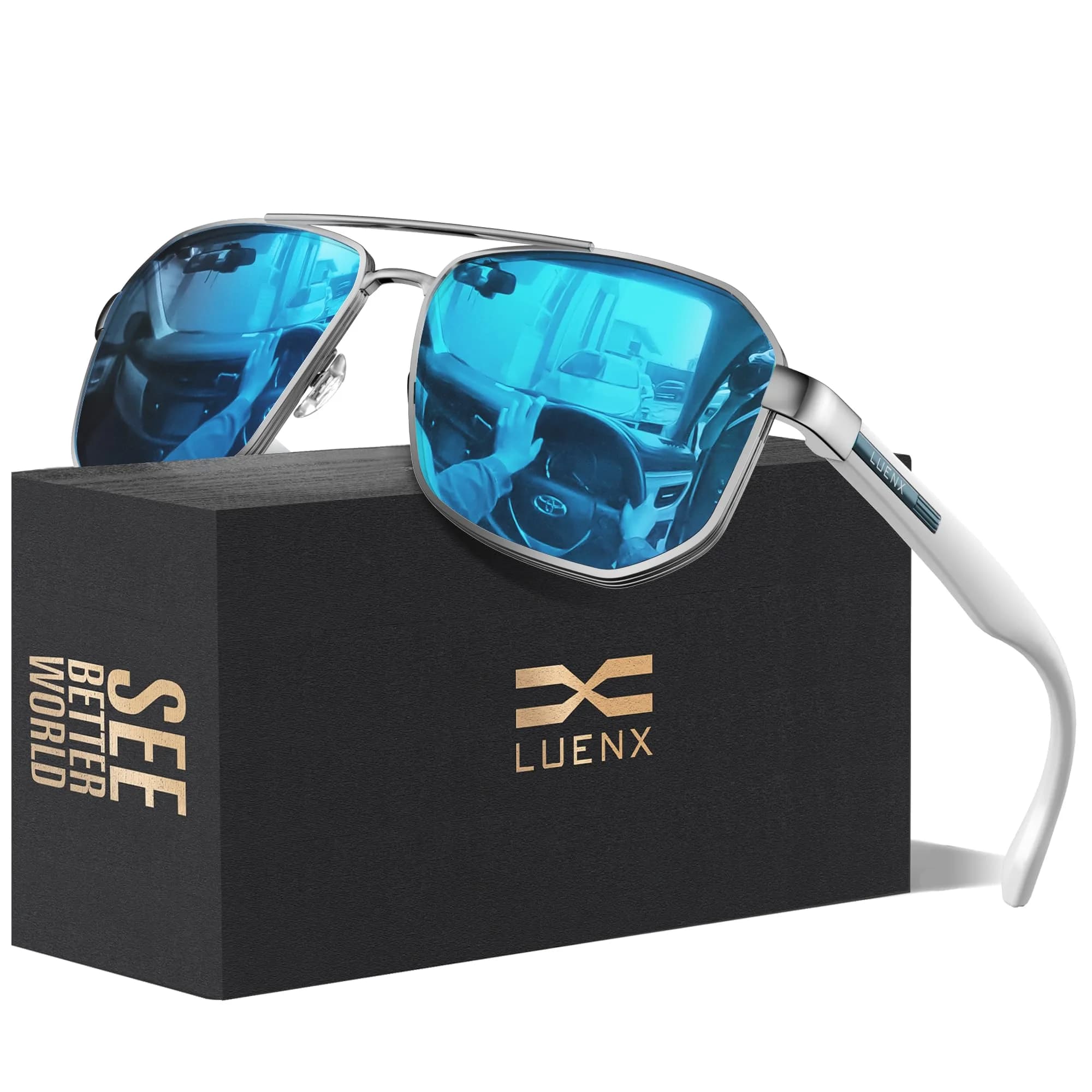 Luenx Aviator Polarized Sunglasses for Men: Square UV400 Driving | Stylish, UV Protection & Sturdy Design — Ice Blue Lens