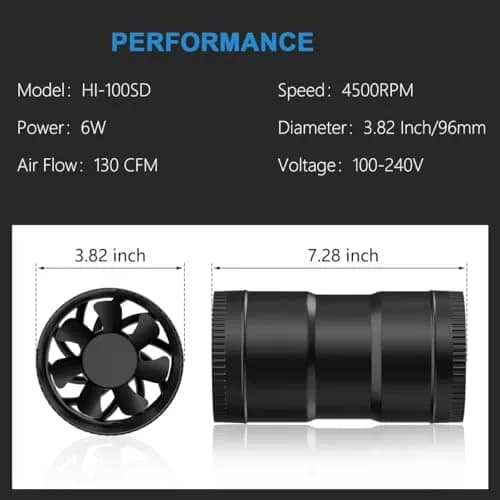 Hon&Guan 4 Inch Inline Duct Fan with Controller - 130 CFM, 6W | Quiet Ventilation for Grow Rooms & Bathrooms thumbnail 2