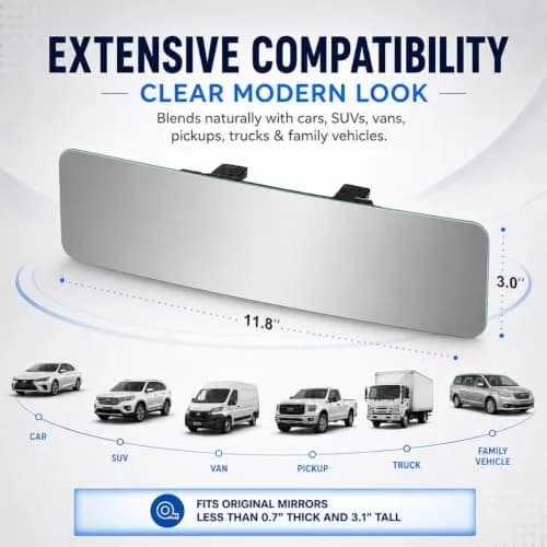 SkycropHD Anti Glare Wide Angle Car Rearview Mirror, 12'' | Frameless, Gray, Convex, Universal Fit thumbnail 7