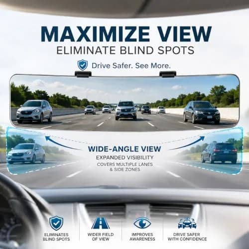 SkycropHD Anti Glare Wide Angle Car Rearview Mirror, 12'' | Frameless, Gray, Convex, Universal Fit thumbnail 3