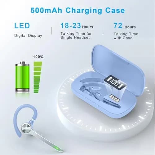 HEIBAS Bluetooth Headset Wireless Earpiece with Mic 72H Talk Light Blue thumbnail 6
