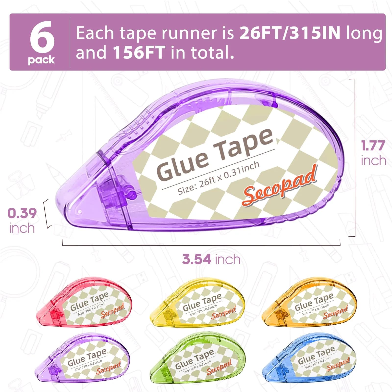 Secopad Double Sided Tape for Crafts, 6 Pack, 0.3in x 26ft Each | Mess-Free Adhesive Roller - view 2