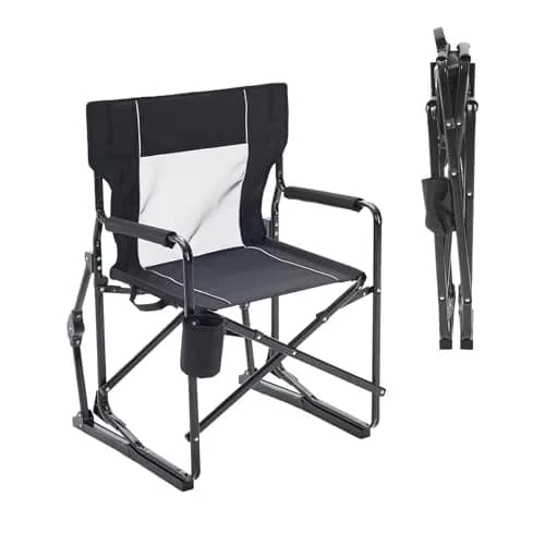 HAPPYMONT Folding Rocking Chair for Adults - Outdoor Camping and Lawn Chair with Breathable Mesh, Detachable Waterproof Armrests and Cup Holder – Portable Travel Seat, Black thumbnail 1
