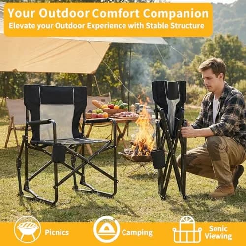 HAPPYMONT Folding Rocking Chair for Adults - Outdoor Camping and Lawn Chair with Breathable Mesh, Detachable Waterproof Armrests and Cup Holder – Portable Travel Seat, Black thumbnail 3