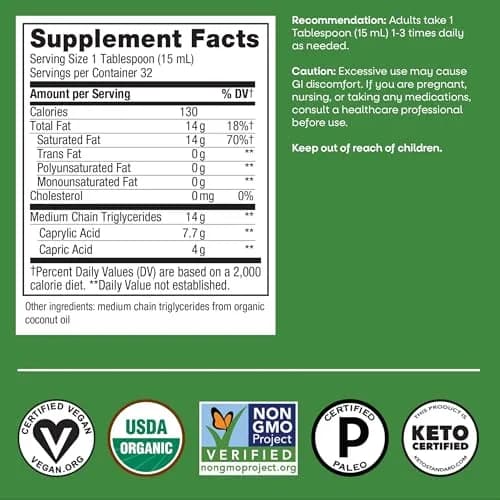 Nature's Way Organic MCT Oil C8 & C10 14g/Serving 48 Fl Oz (1.5 L) | Keto & Paleo Certified Brain Fuel thumbnail 7