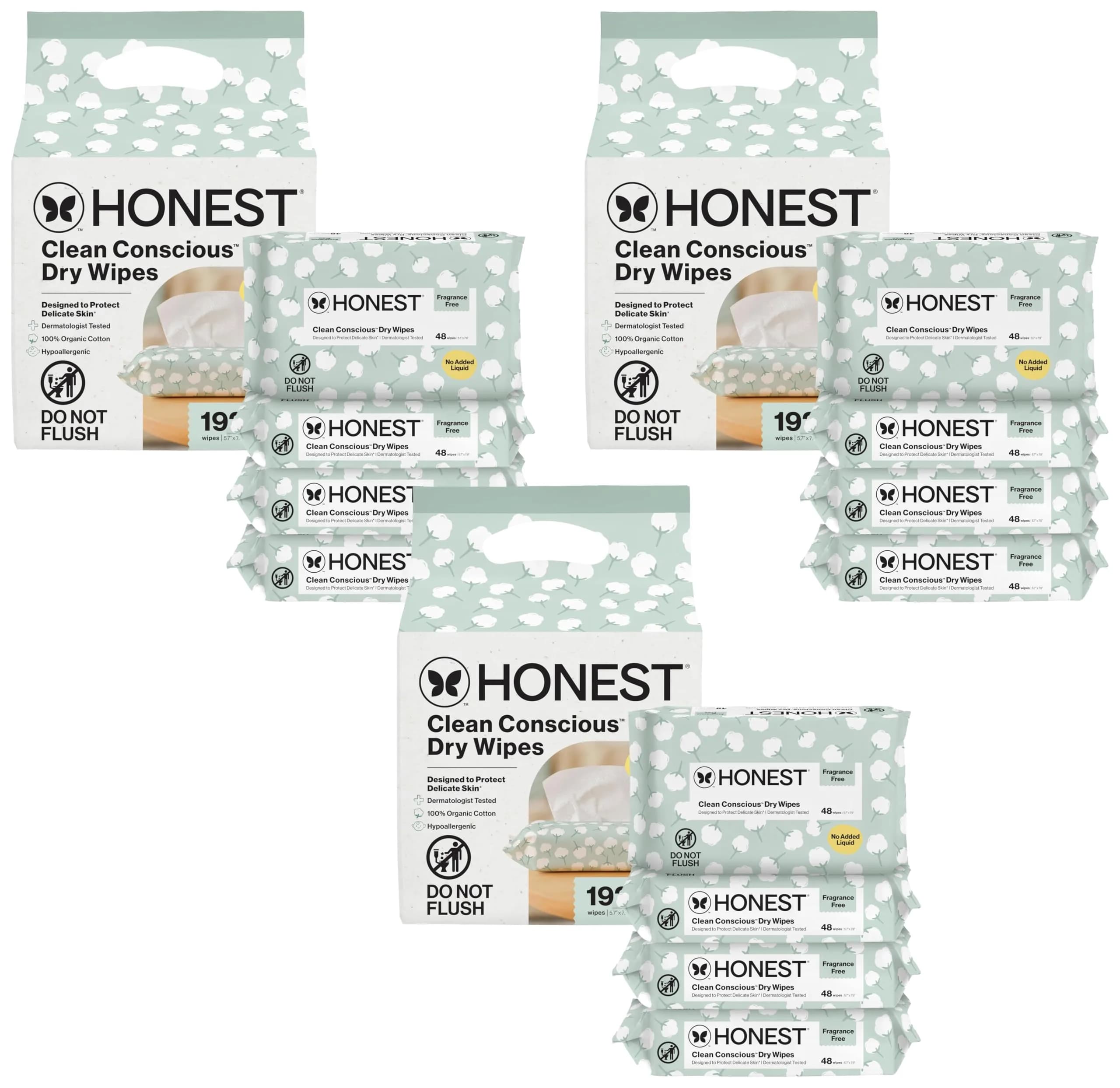 The Honest Company 100% Pure Organic Cotton Dry Wipes, Hypoallergenic, Multi-Use, Baby Facial Cloths, 576 Count (Pack of 3) — White
