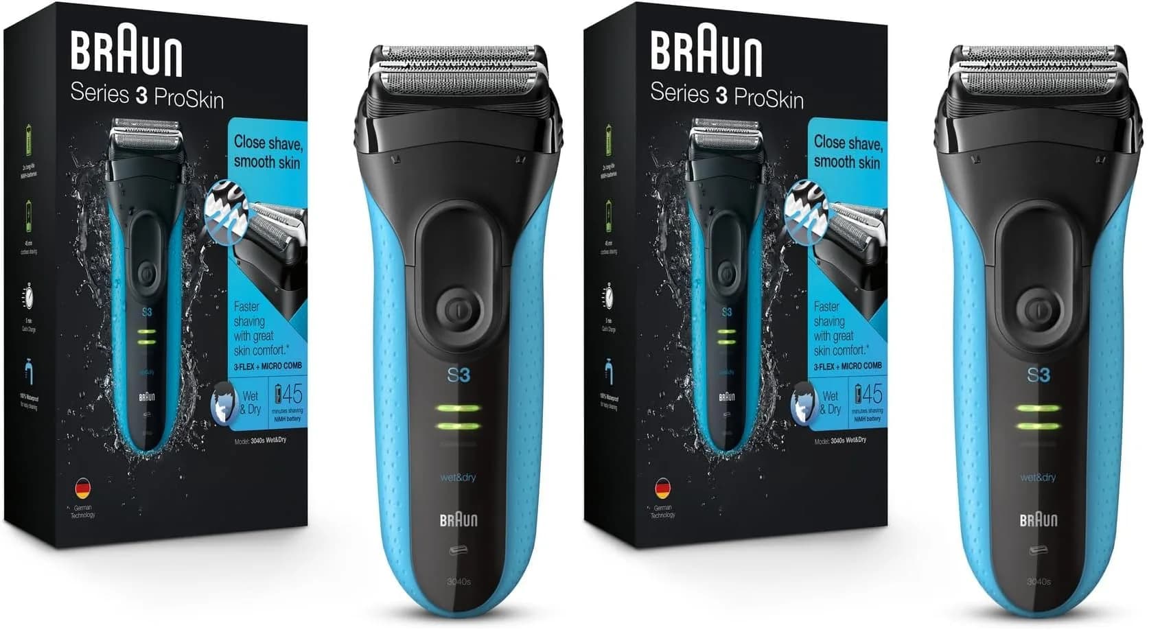 Braun Series 3 Electric Shaver 3040s Blue/Black 4 Piece Set | Precision Trimmer for a Close Shave — Series 3 Shaver