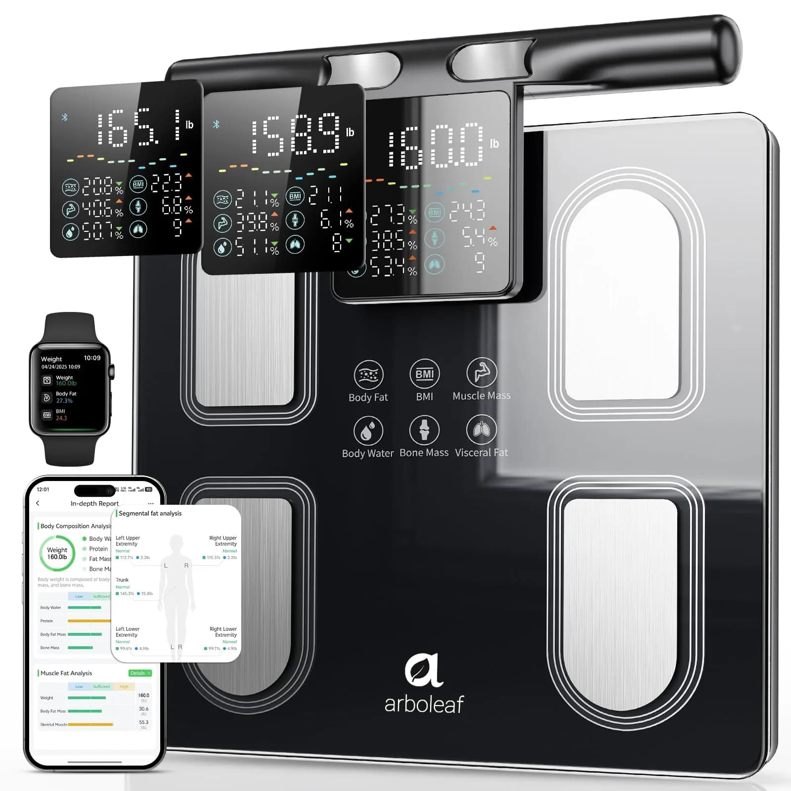 Arboleaf Body Composition Scale with Handle Display, Black | 8-Electrode Smart BMI & Body Fat Monitor - main product image