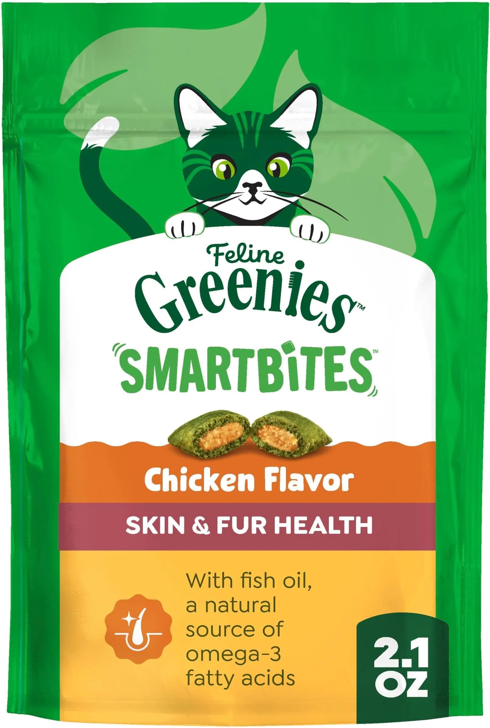 Greenies Feline Smartbites Skin & Fur Health Cat Treats, Chicken Flavor, 2.1 oz (Pack of 12) - main product image