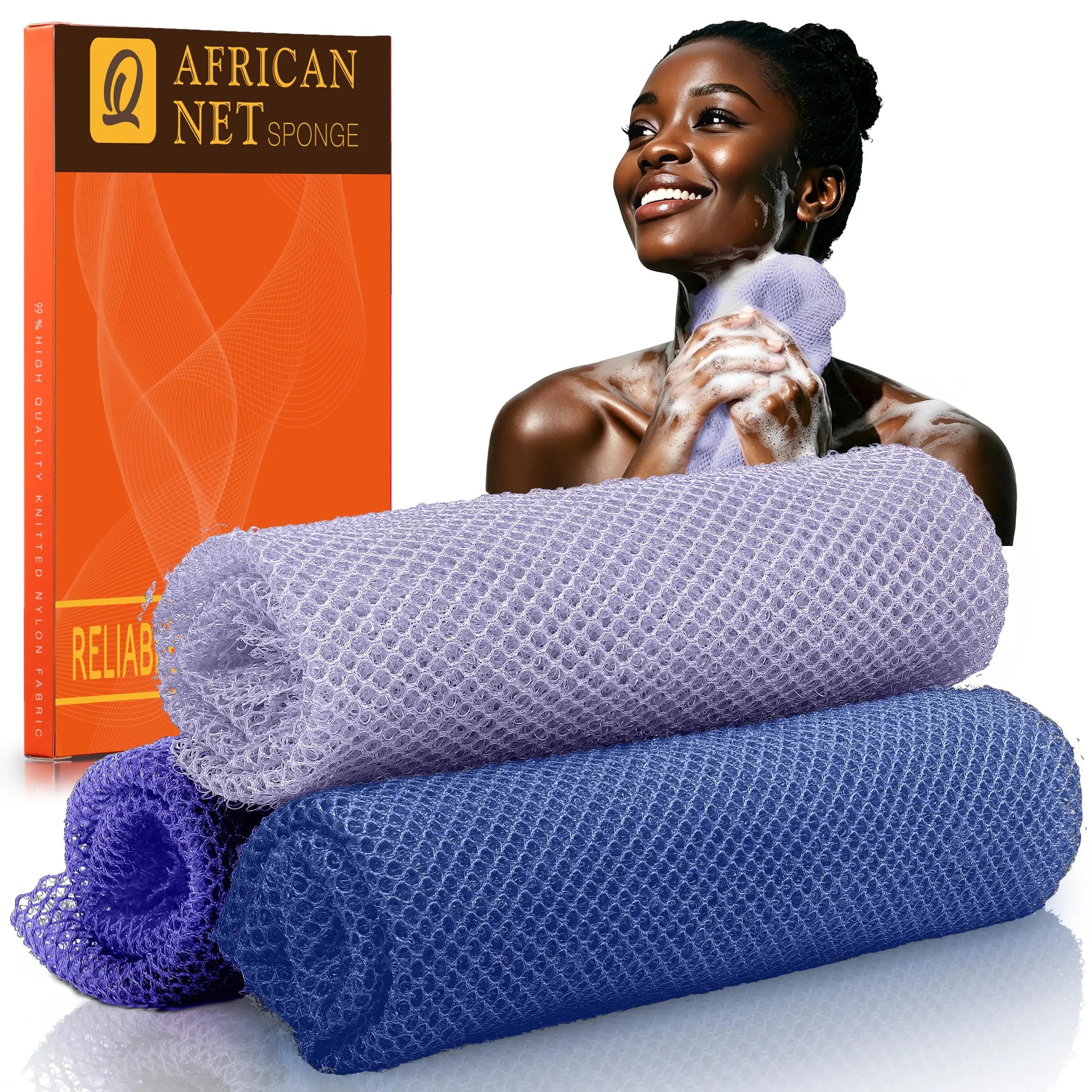 UJFQBH Authentic African Net Sponge 3 Pack, Exfoliating Body Scrubber for Gentle Daily Exfoliation, Deep Cleansing Back Scrubber for Hard to Reach Areas, Quick Drying Shower Essential Ocean Blue