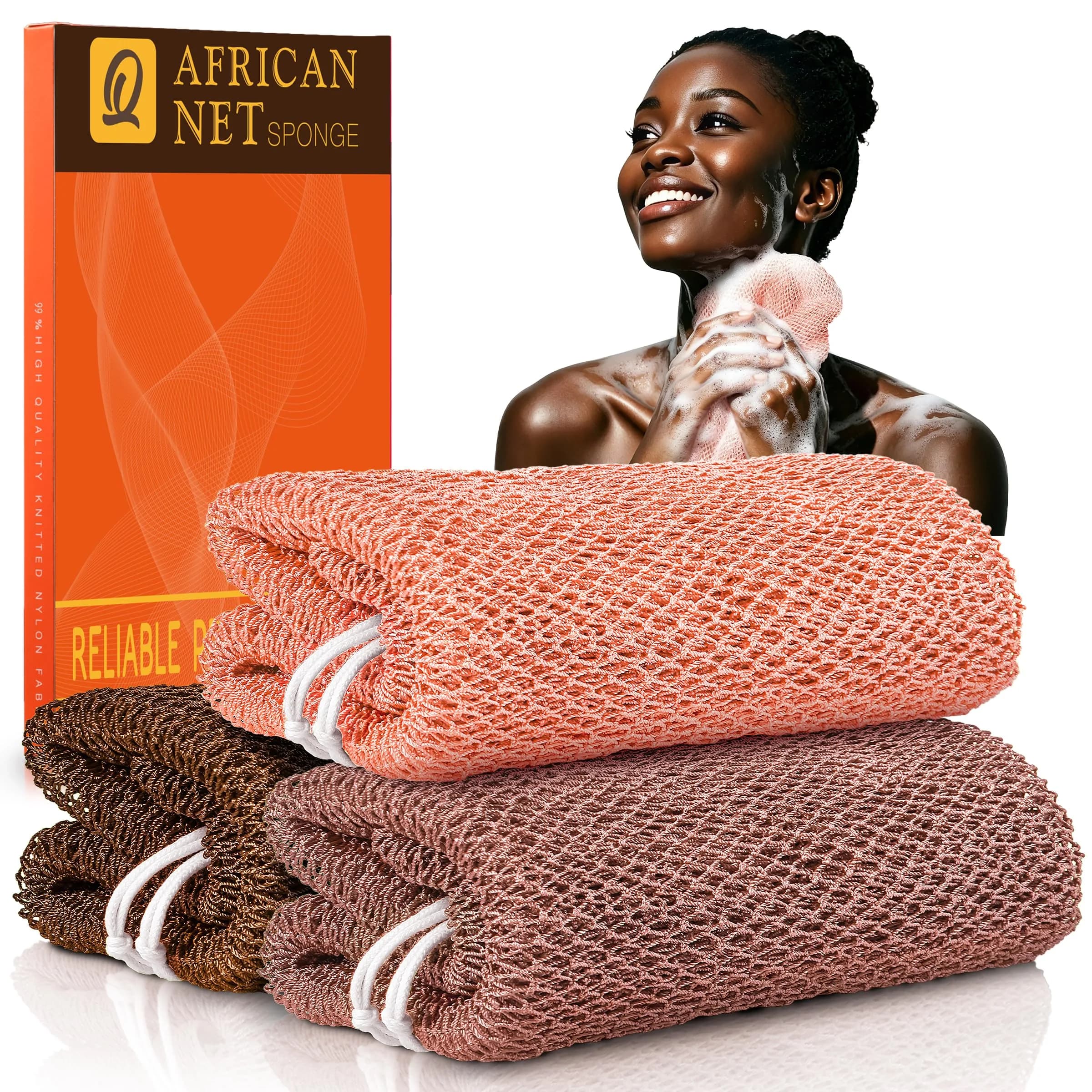UJFQBH African Net Sponge Authentic, Exfoliating Body Scrubber for Back and Hard to Reach Areas, Gentle Daily Exfoliation for Deep Cleansing, Quick Drying Shower Essential Rosewood 3 Pack - main product image