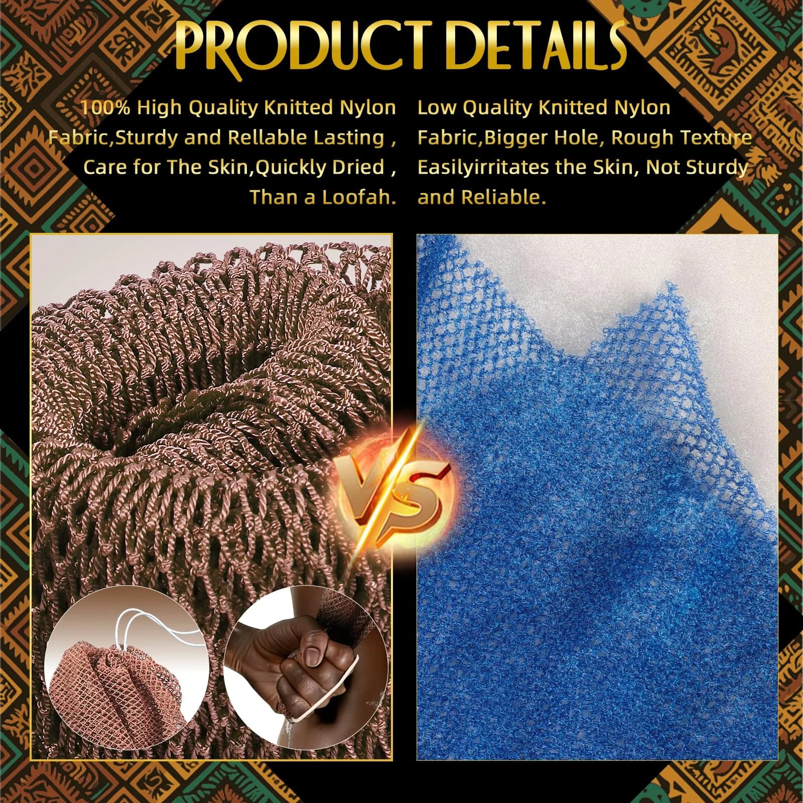 UJFQBH African Net Sponge Authentic, Exfoliating Body Scrubber for Back and Hard to Reach Areas, Gentle Daily Exfoliation for Deep Cleansing, Quick Drying Shower Essential Rosewood 3 Pack - view 4