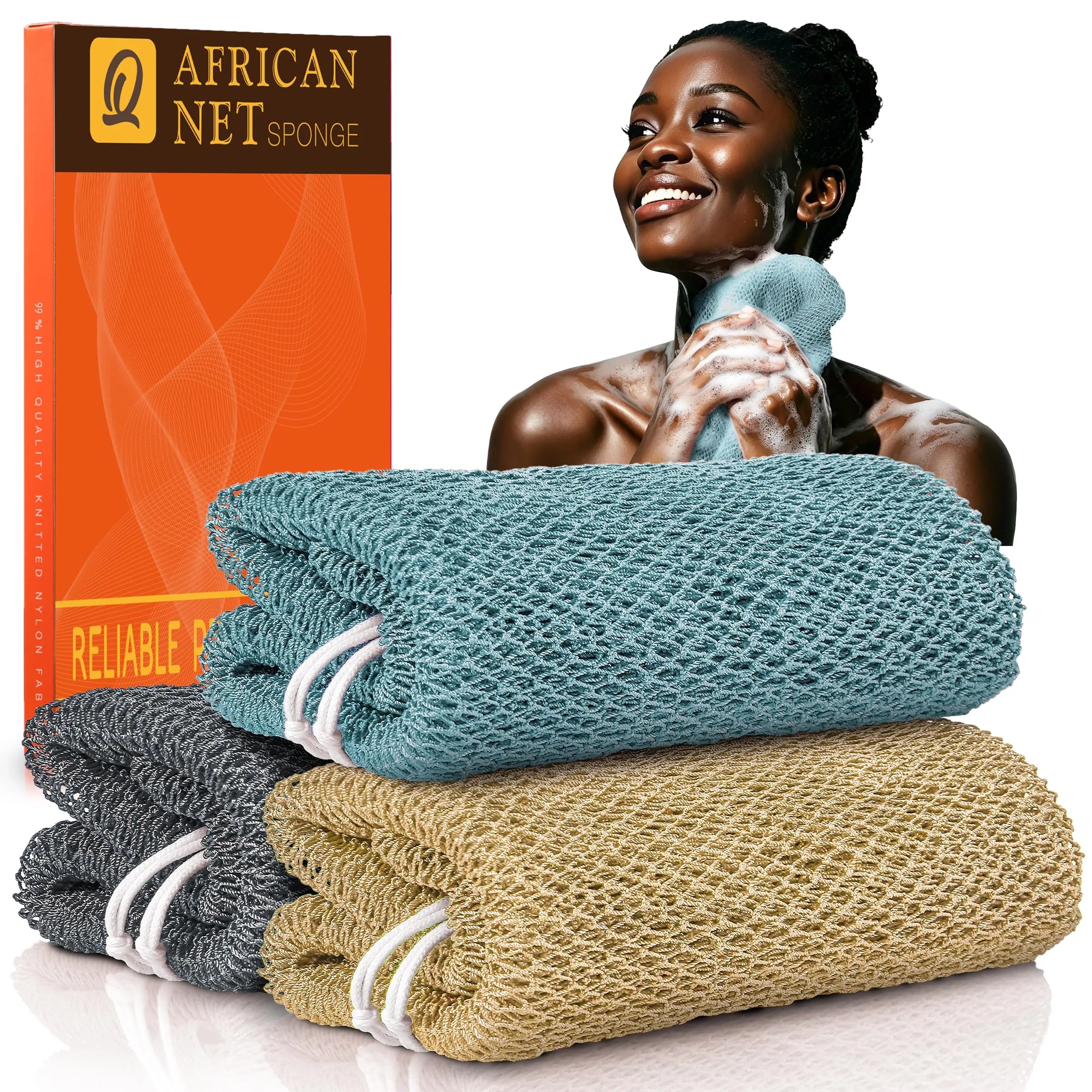 UJFQBH African Net Sponge 3 Pack (Aqua Grey) | Deep Cleansing Back Scrubber for Hard to Reach Areas - main product image