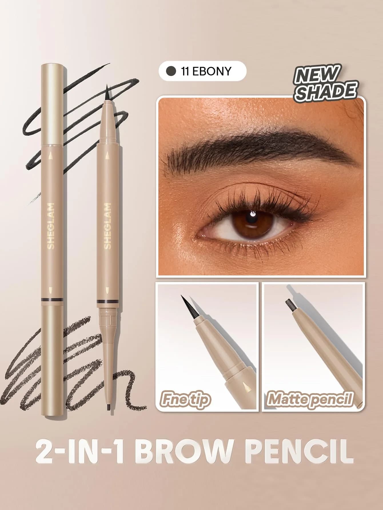 SHEGLAM Dual-Sided Eyebrow Pencil 11 Ebony | Waterproof Matte Cream & Liquid Pen - view 4
