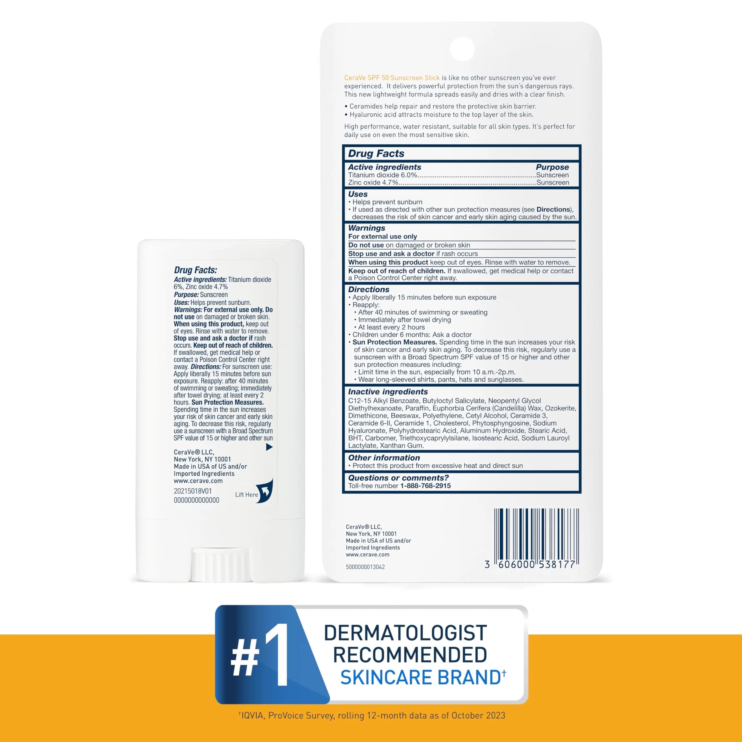 CeraVe Mineral Sunscreen Stick SPF 50, Broad Spectrum Face Sunscreen with Hyaluronic Acid & Ceramides | Fragrance Free & Oil Free - view 6