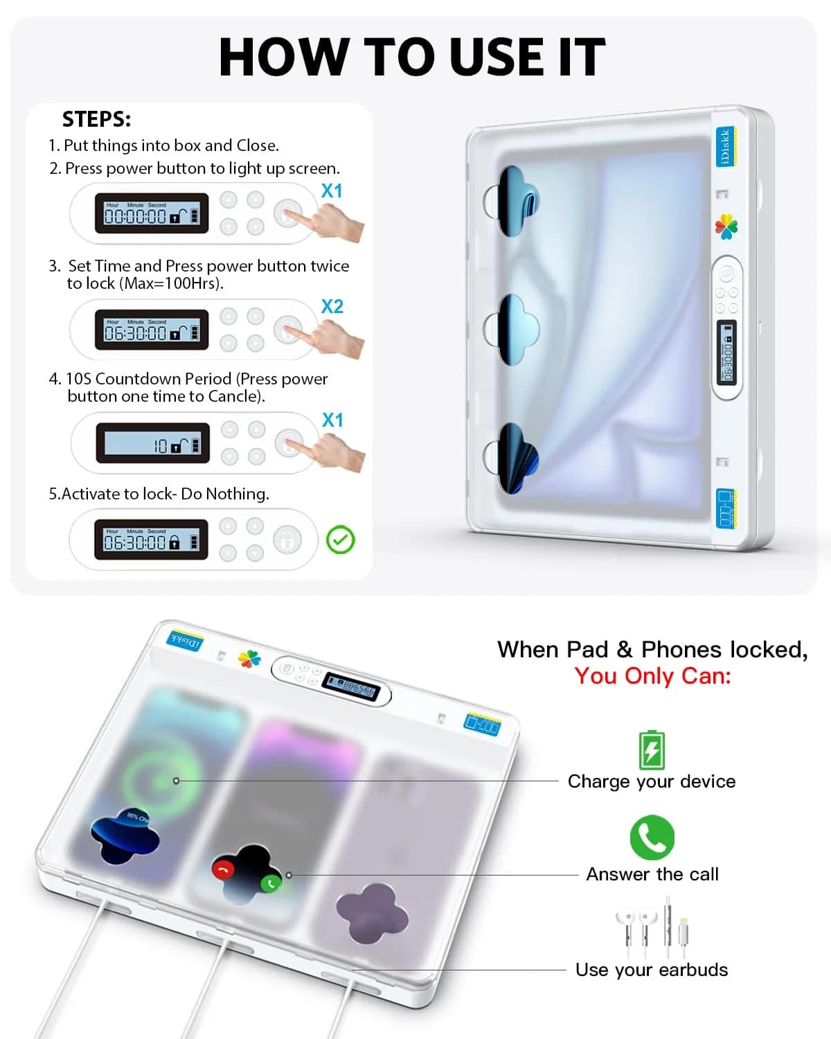 iDiskk Large Timer Lock Box with Electronic Combination Lock | Fits iPad & Phone, 27.9cm (11in) Height - view 7