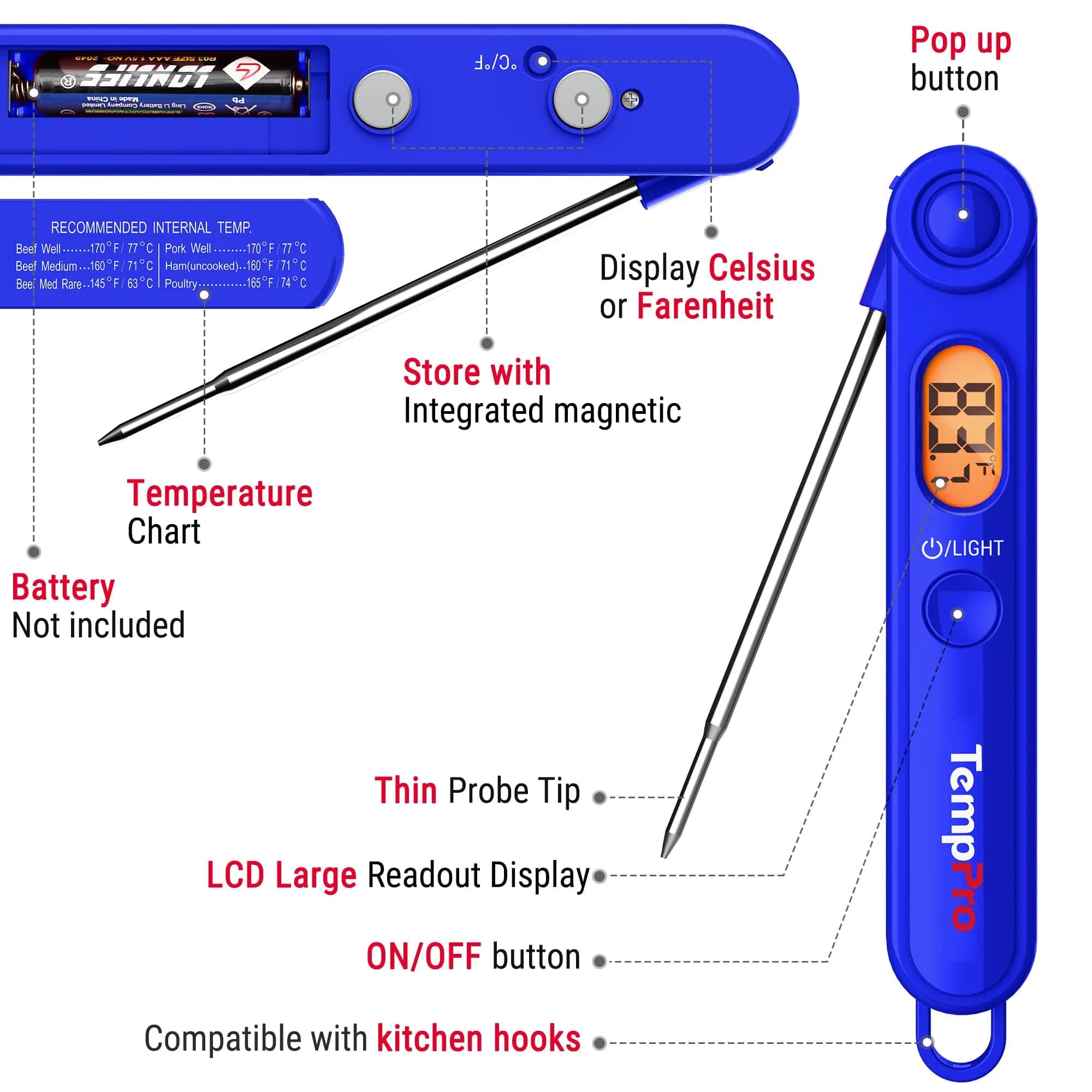 TempPro TempSwift Digital Meat Thermometer for Cooking with Foldable Probe & Backlight | 300°C (572°F) Instant Read - view 5
