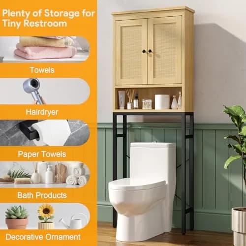 knoworld Rattan Over The Toilet Storage Cabinet | Space Saver Bathroom Organizer with Adjustable Shelf (66.93in x 23.62in x 7.87in) thumbnail 4