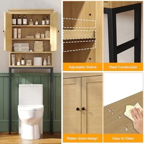 knoworld Rattan Over The Toilet Storage Cabinet | Space Saver Bathroom Organizer with Adjustable Shelf (66.93in x 23.62in x 7.87in) thumbnail 6