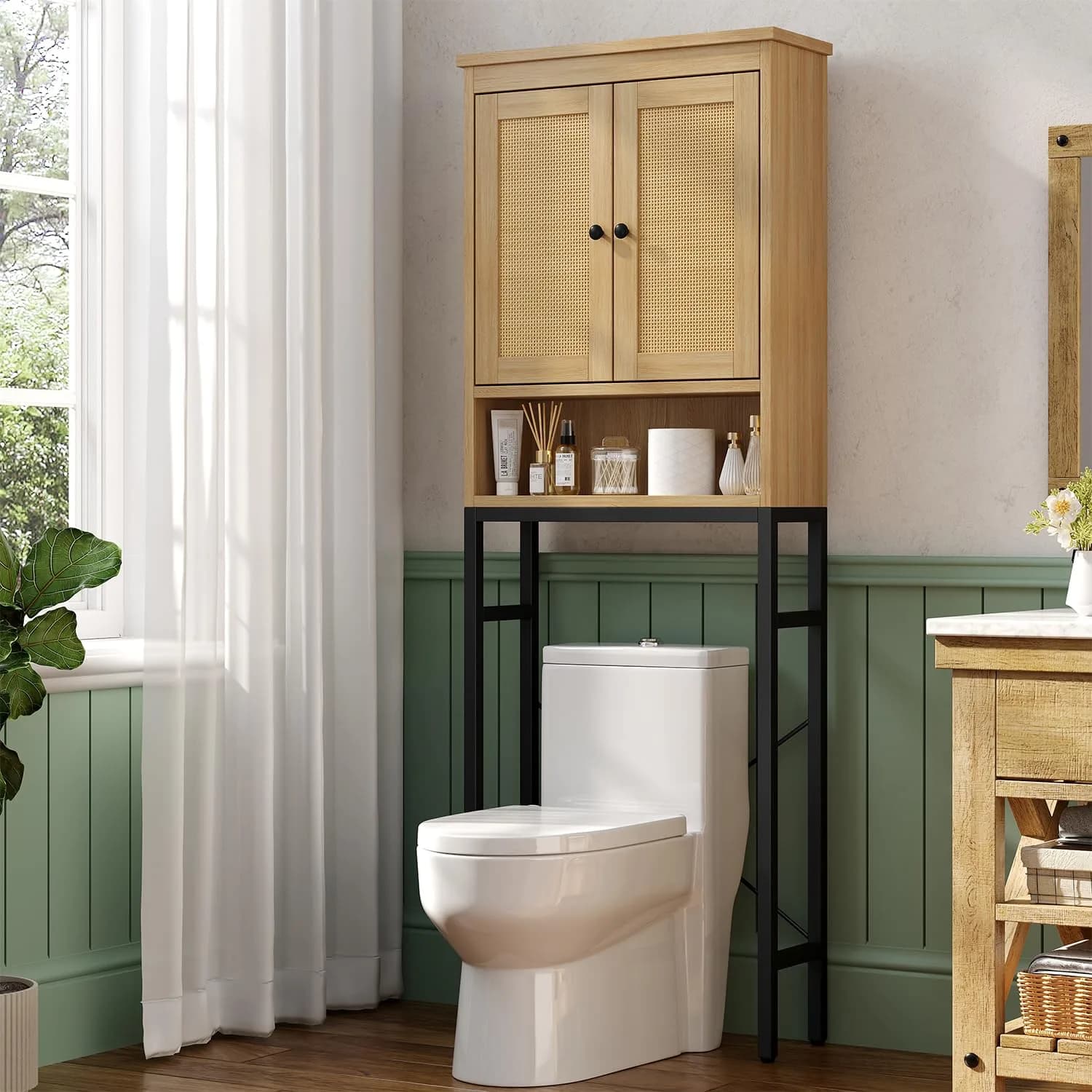 knoworld Rattan Over The Toilet Storage Cabinet | Space Saver Bathroom Organizer with Adjustable Shelf (66.93in x 23.62in x 7.87in) - main product image