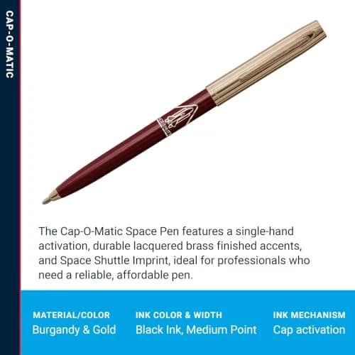 Fisher Space Pen Burgundy and Gold Space Shuttle Imprint Cap-O-Matic Pen | Writes Upside Down & Extreme Temperatures thumbnail 3