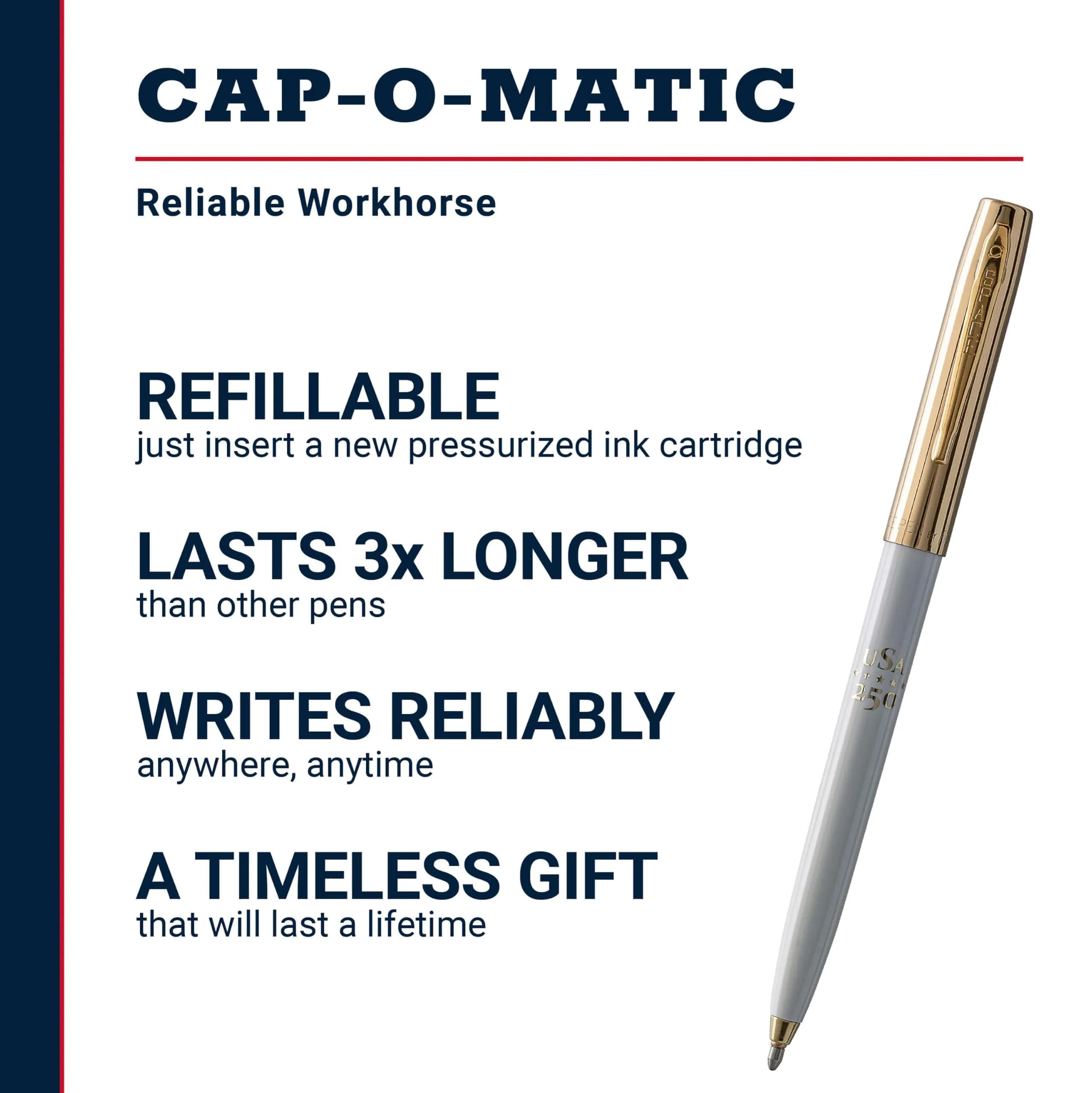 Fisher Cap-O-Matic White Barrel / Gold Cap Space Shuttle Imprint Pen | Writes Upside Down - view 2