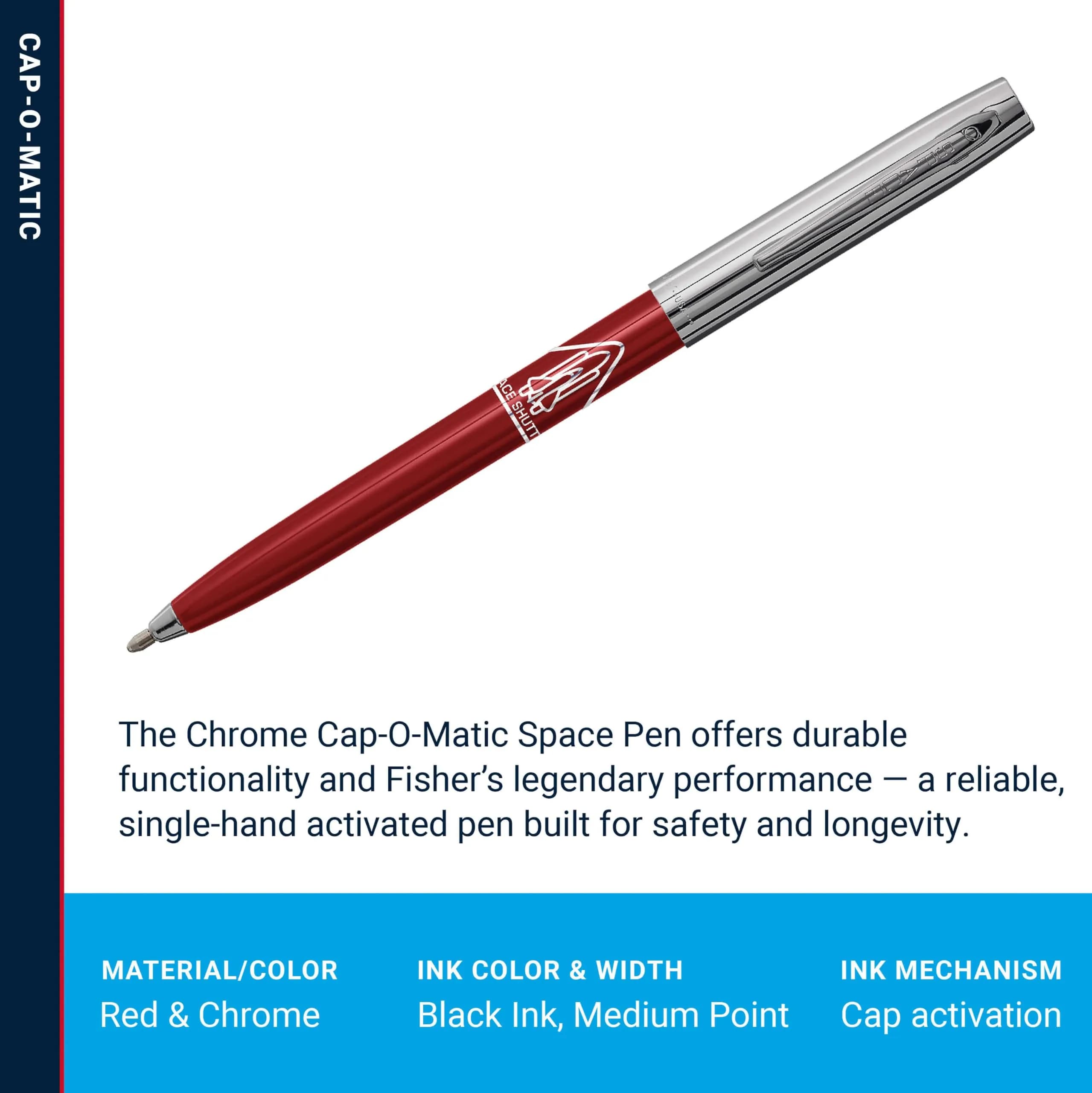 Fisher Space Pen Red Barrel / Chrome Cap Space Shuttle Imprint Cap-O-Matic Pen | Writes Upside Down & Extreme Temperatures - view 3