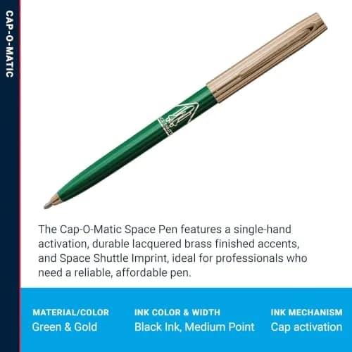 Fisher Space Pen Cap-O-Matic Green Barrel / Gold Cap Space Shuttle Imprint Pen thumbnail 3