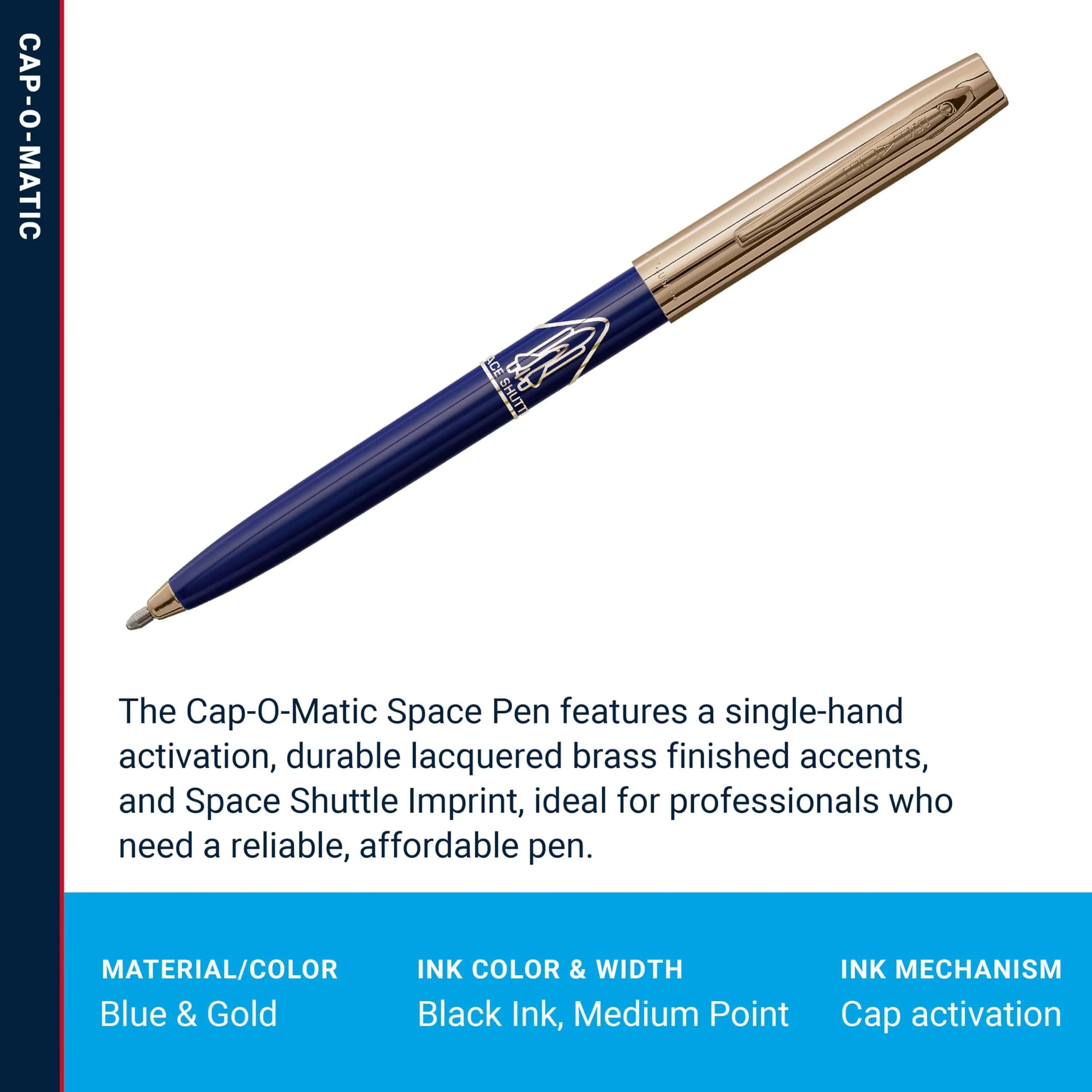Fisher Space Pen Cap-O-Matic Blue Barrel / Gold Cap Space Shuttle Imprint - view 3