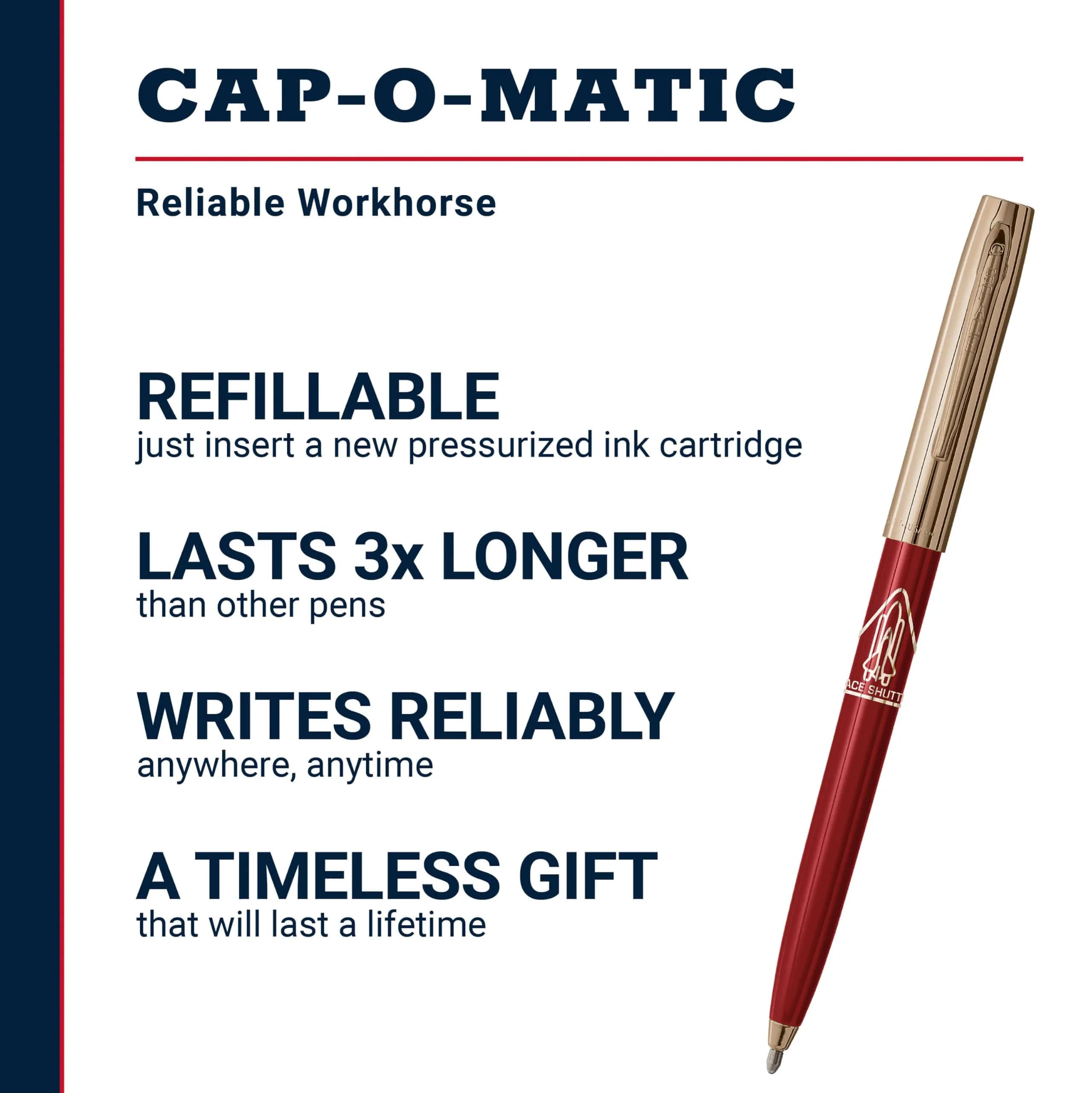 Fisher Cap-O-Matic Red Barrel / Gold Cap Space Shuttle Imprint Pen - Writes Upside Down - view 2