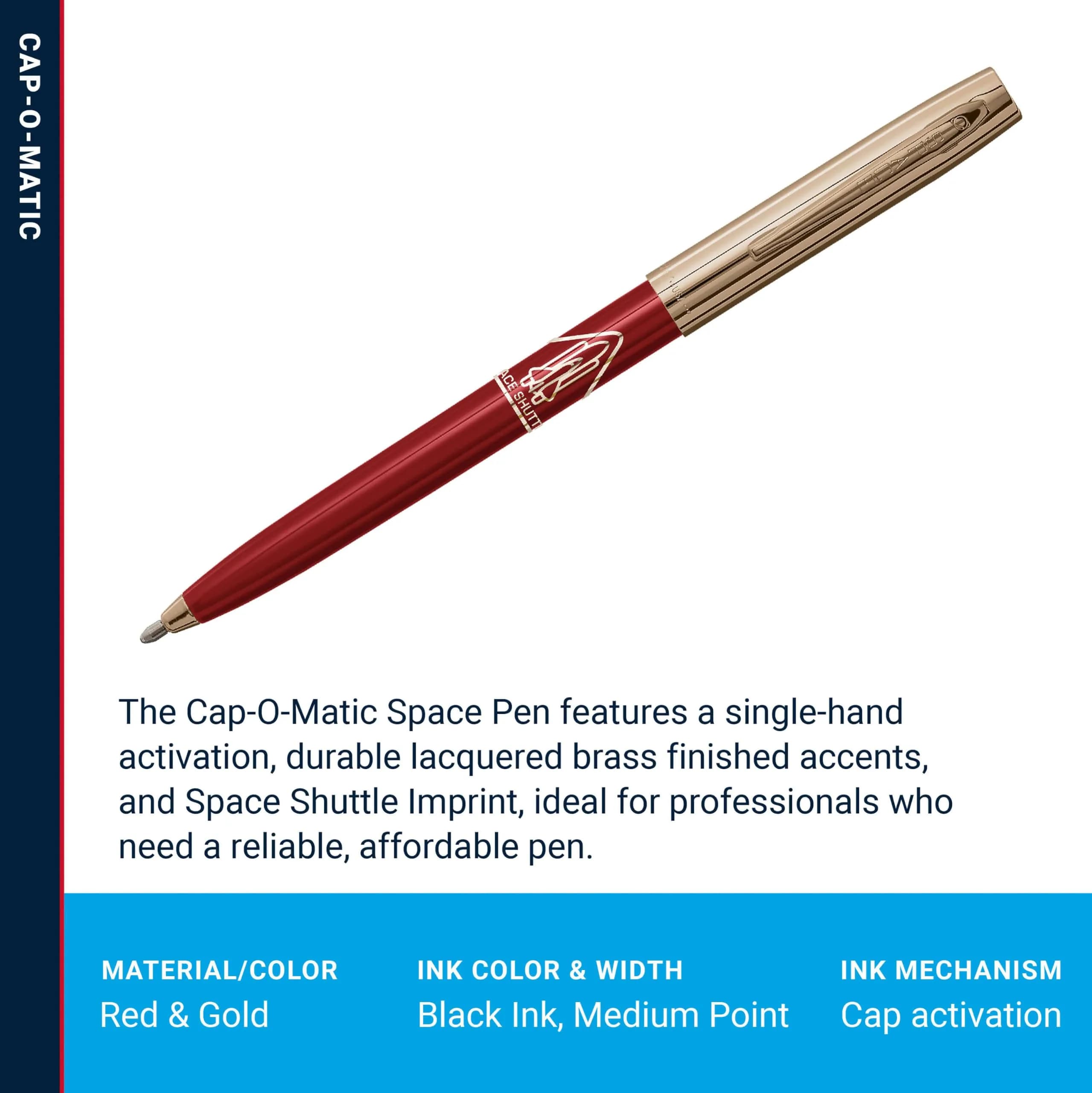 Fisher Cap-O-Matic Red Barrel / Gold Cap Space Shuttle Imprint Pen - Writes Upside Down - view 3
