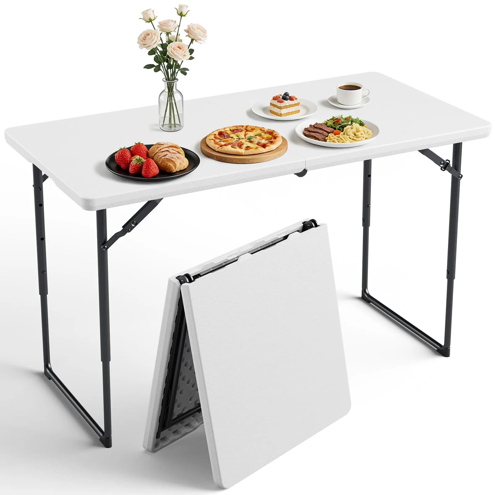 FurniEdge 4FT White Folding Table | Heavy Duty Portable with Adjustable Height Support 300lbs