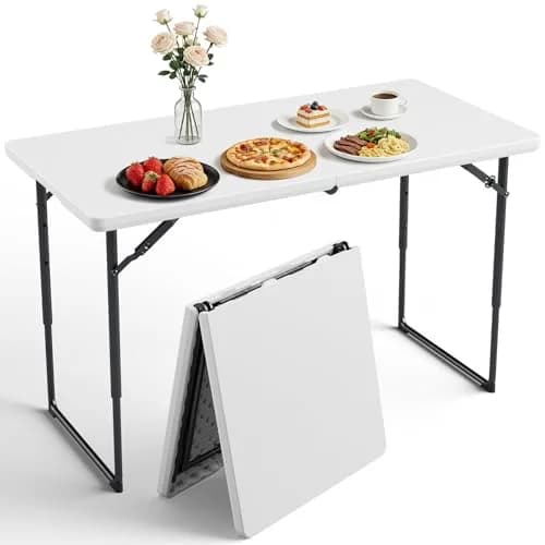 FurniEdge 4FT White Folding Table | Heavy Duty Portable with Adjustable Height Support 300lbs thumbnail 1