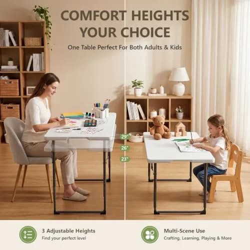 FurniEdge 4FT White Folding Table | Heavy Duty Portable with Adjustable Height Support 300lbs thumbnail 4