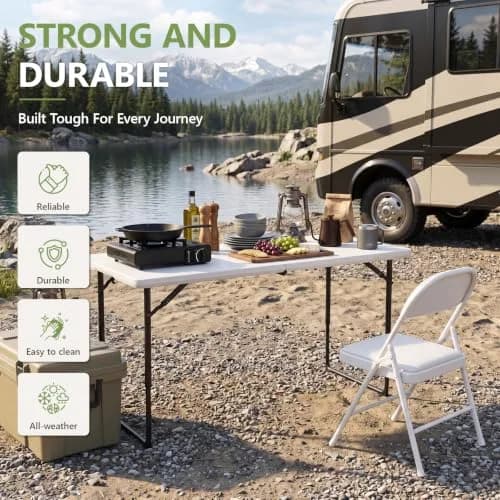 FurniEdge 4FT White Folding Table | Heavy Duty Portable with Adjustable Height Support 300lbs thumbnail 6
