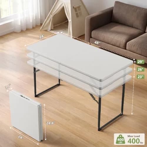 FurniEdge 4FT White Folding Table | Heavy Duty Portable with Adjustable Height Support 300lbs thumbnail 2