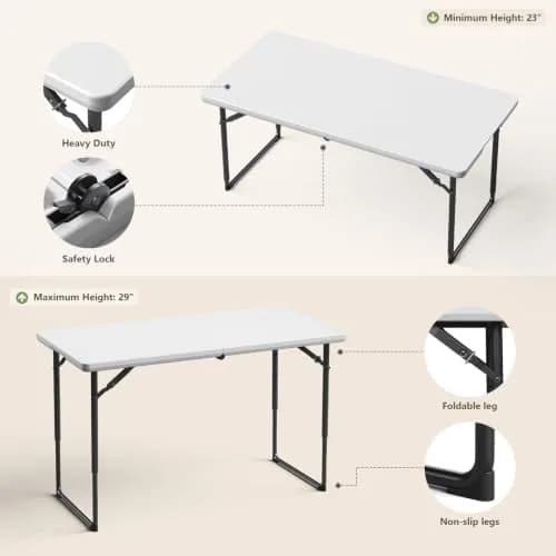 FurniEdge 4FT White Folding Table | Heavy Duty Portable with Adjustable Height Support 300lbs thumbnail 3