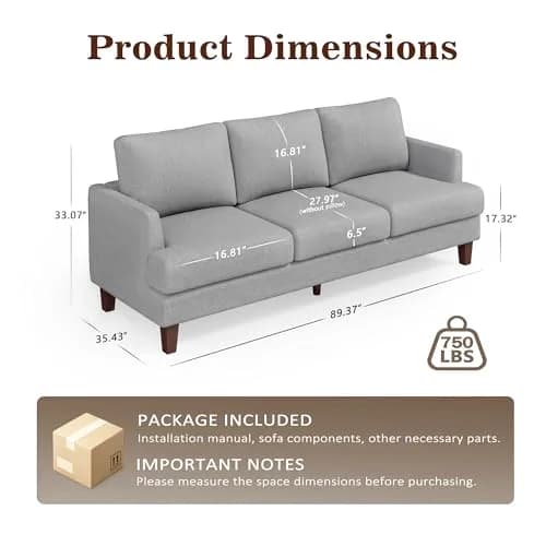 Gericco Mid Century Modern 89" 3-Seater Couch for Living Room, Light Grey | Spacious, Comfortable & Sturdy thumbnail 2