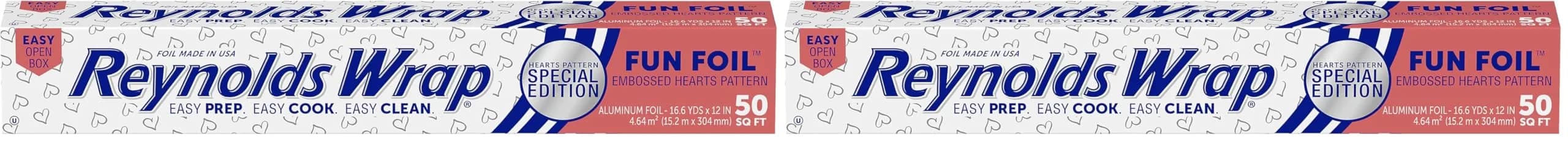 Reynolds Wrap Fun Foil Heart Patterned Aluminum Foil Roll 16.6 Yards x 12 Inches (50 Sq. Ft. Total, Pack of 2) | Embossed Hearts for Gifting & Food Prep