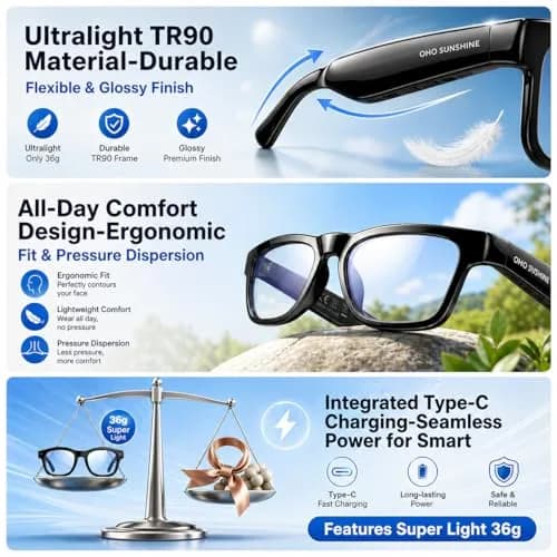 OHO AI Smart Glasses with Blue Light Blocking Lens & Open Ear Bluetooth Audio, Unisex Standard Size | AI Translation & Hands-Free Calls thumbnail 7