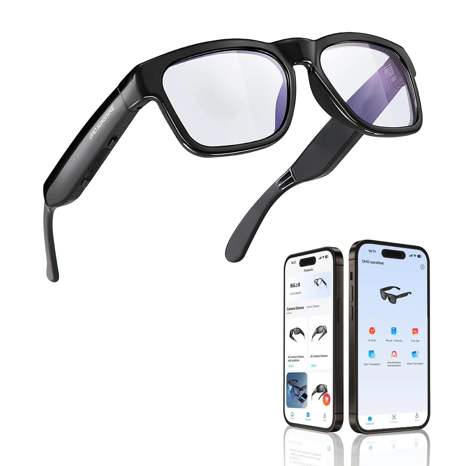 OhO Open Ear Smart Glasses, Bluetooth 5.0 Sunglasses with UV400 Polarized Lenses & Voice Control | 34g (1.2oz) — Shiny Black